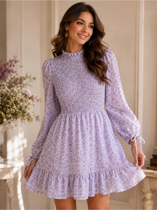 Dresses & Skirts - Vintage Cottagecore Lavender Floral Smocked Mini Dress Prairie Romantic Small